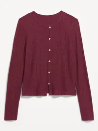 Long-Sleeve Button-Front Cutout Pointelle Top - Red Lacquer — view 4