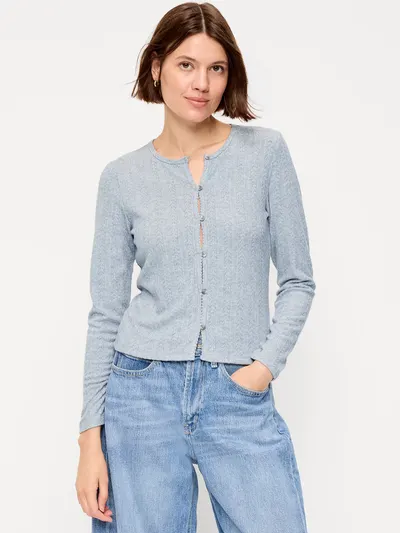Long-Sleeve Button-Front Pointelle Top - Medium Heather Gray