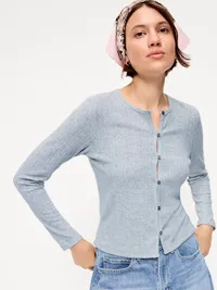Long-Sleeve Button-Front Pointelle Top - Medium Heather Gray — view 3