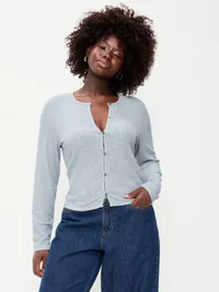Long-Sleeve Button-Front Pointelle Top - Medium Heather Gray — view 5