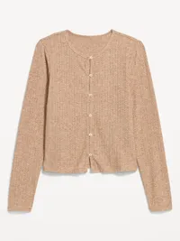 Long-Sleeve Button-Front Pointelle Top - Oatmeal Heather — view 4
