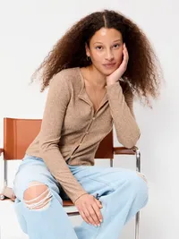 Long-Sleeve Button-Front Pointelle Top - Oatmeal Heather — view 3