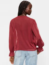 Long-Sleeve Chiffon Tie-Front Top - Emberglow — view 2