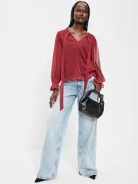 Long-Sleeve Chiffon Tie-Front Top - Emberglow — view 3