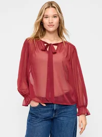 Long-Sleeve Chiffon Tie-Front Top - Emberglow — view 5