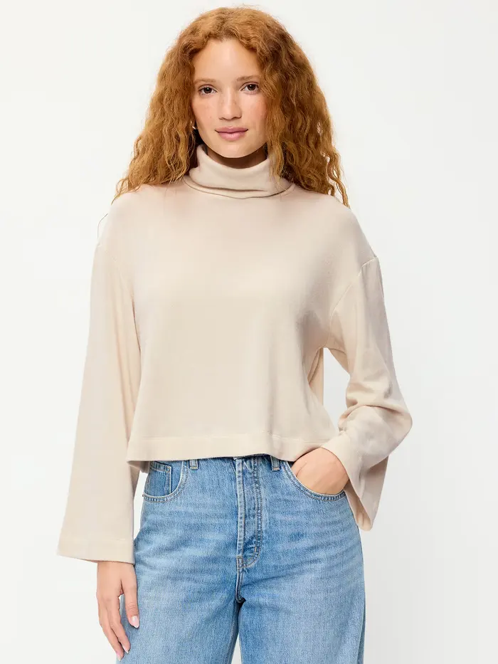 Long-Sleeve Oversized Turtleneck Top - Wish Bone