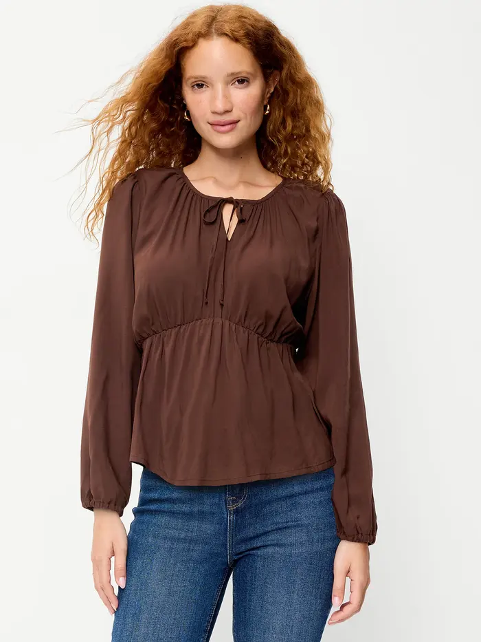 Long-Sleeve Ruched Tie-Neck Top - Earthen