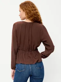 Long-Sleeve Ruched Tie-Neck Top - Earthen — view 2