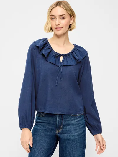 Long-Sleeve Ruffle Tie-Neck Top - Medium Wash