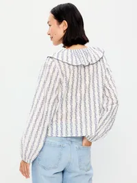 Long-Sleeve Ruffle Tie-Neck Top - White/Blue Floral — view 2