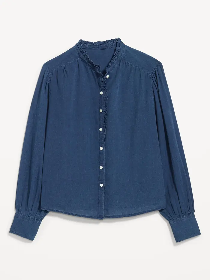 Long-Sleeve Ruffle-Trim Button-Front Top - Medium Indigo