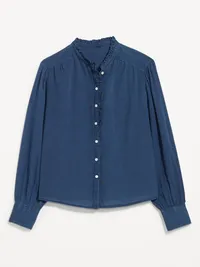 Long-Sleeve Ruffle-Trim Button-Front Top - Medium Indigo — view 4