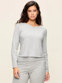 Long-Sleeve Split-Neck Top - Heather Grey — view 5
