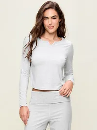 Long-Sleeve Split-Neck Top - Heather Grey — view 3