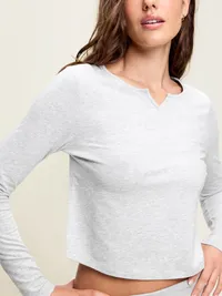 Long-Sleeve Split-Neck Top - Heather Grey — view 4