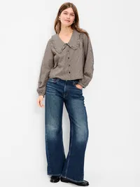 Long-Sleeve Statement Collar Button-Front Top - Brown Plaid — view 3
