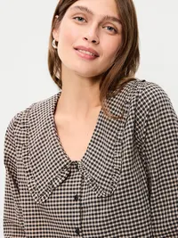 Long-Sleeve Statement Collar Button-Front Top - Brown Plaid — view 4