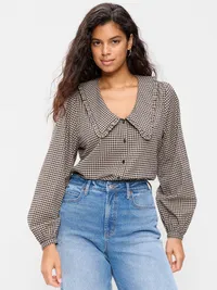 Long-Sleeve Statement Collar Button-Front Top - Brown Plaid — view 5