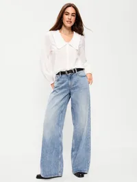 Long-Sleeve Statement Collar Button-Front Top - White Lilies — view 3