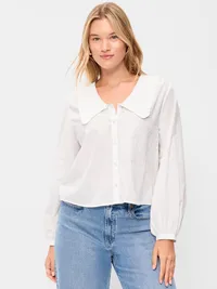 Long-Sleeve Statement Collar Button-Front Top - White Lilies — view 5