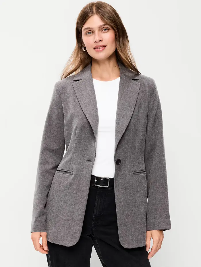 Longline Twill Double-Breasted Blazer - Medium Charcoal