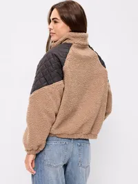 Loose Sherpa Mixed-Media Pullover - Taupe — view 2