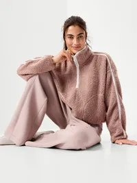 Loose Sherpa Quarter-Zip Pullover - Mocha — view 3
