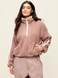Loose Sherpa Quarter-Zip Pullover - Mocha — view 5