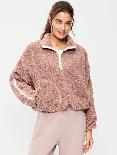 Loose Sherpa Quarter-Zip Pullover - Mocha