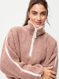 Loose Sherpa Quarter-Zip Pullover - Mocha — view 4