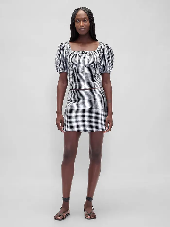 Low Rise Linen-Blend Mini Skort - Black gingham