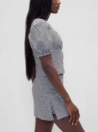 Low Rise Linen-Blend Mini Skort - Black gingham — view 4