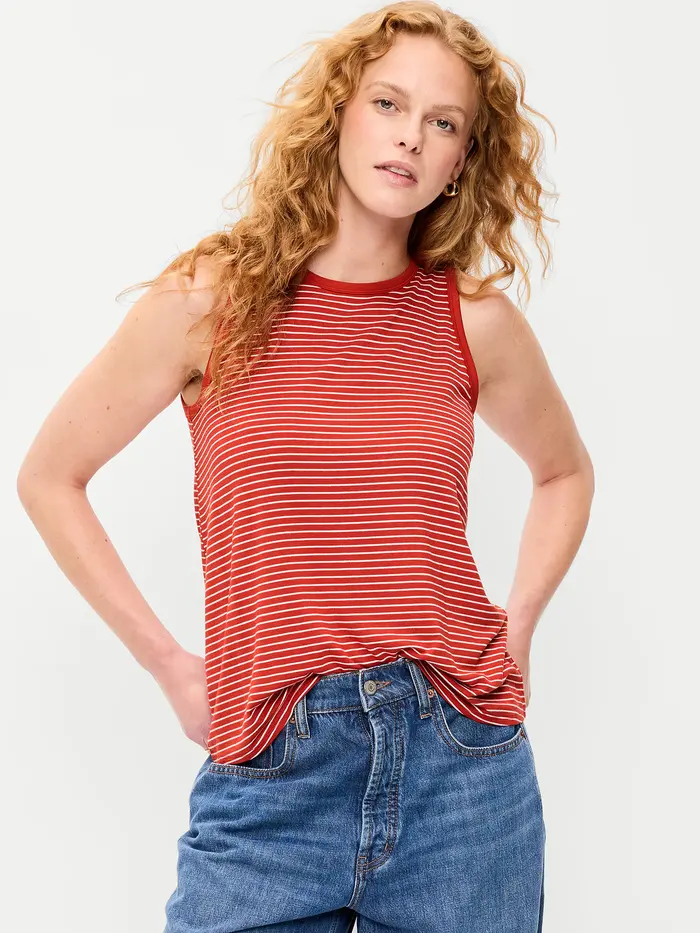 Luxe High-Neck Tank Top - Red Stripe