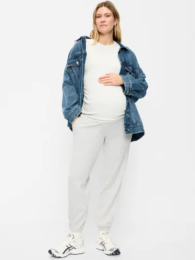Maternity Rollover-Waist Fleece Jogger Sweatpants - Light Gray Heather
