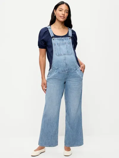 Maternity Side-Panel Wide-Leg Jean Overalls - Melvyn