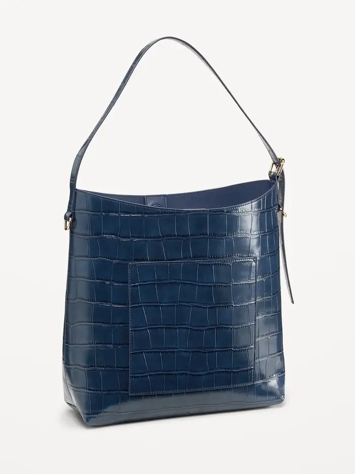 Medium Croc-Embossed Bucket Bag - Midnight