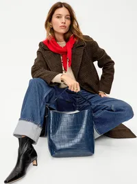 Medium Croc-Embossed Bucket Bag - Midnight — view 2