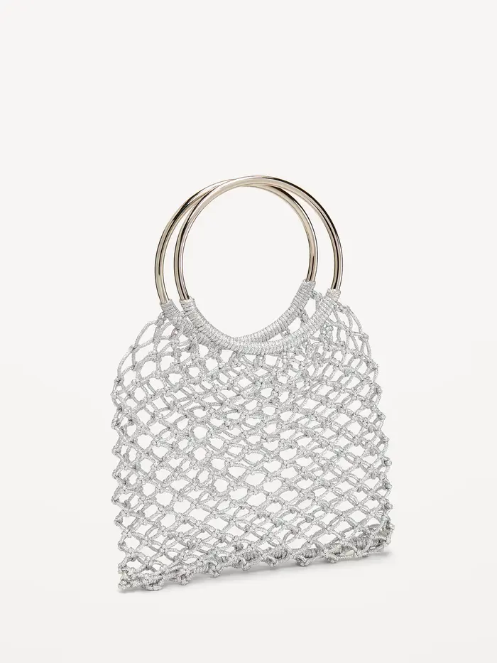 Metallic Crochet Ring Handle Bag - Silvery Silver
