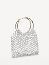 Metallic Crochet Ring Handle Bag - Silvery Silver — view 3