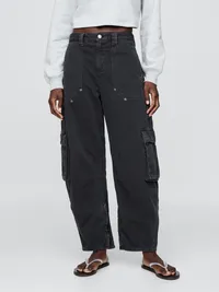Mid Rise Barrel Cargo Pants - Black — view 2