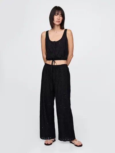 Mid Rise Eyelet Easy Wide-Leg Pants - Basic black