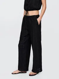 Mid Rise Eyelet Easy Wide-Leg Pants - Basic black — view 2