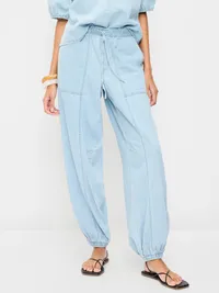 Mid-Rise Pull-On Utility Harem Denim Pants - Blue Washed — view 2
