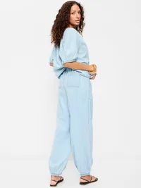 Mid-Rise Pull-On Utility Harem Denim Pants - Blue Washed — view 3