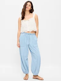 Mid-Rise Pull-On Utility Harem Denim Pants - Blue Washed — view 5