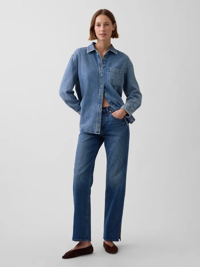 Mid Rise Split-Hem Relaxed Straight Jeans - Medium indigo