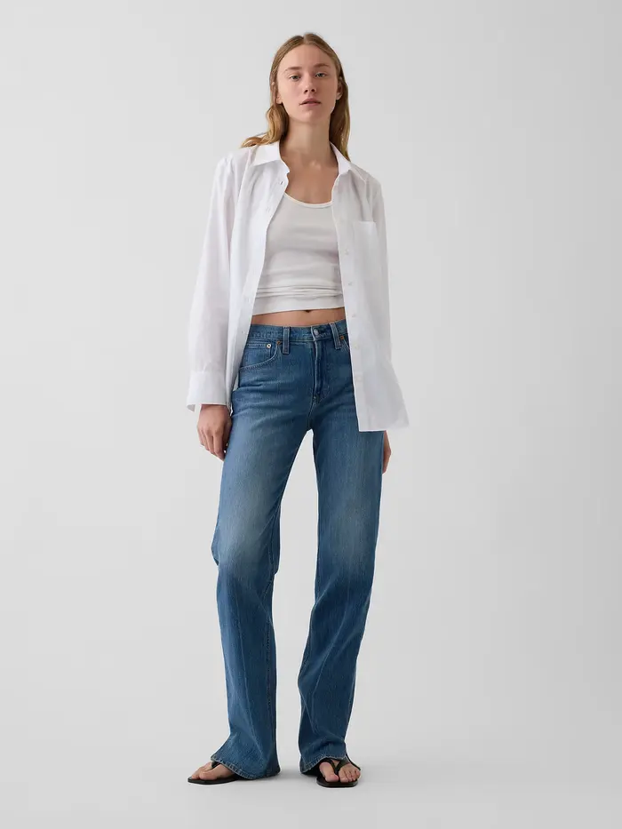 Mid Rise Split-Hem Relaxed Straight Jeans - Medium indigo