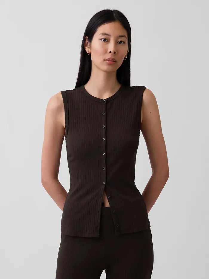 Modern Wide Rib Button-Front Top - Terra brown