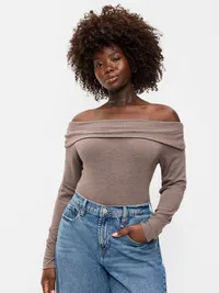Off-The-Shoulder Long-Sleeve Fitted Top - Earthen — view 5