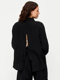 Open-Back Crinkle Gauze Button-Down Shirt - Black Jack — view 2